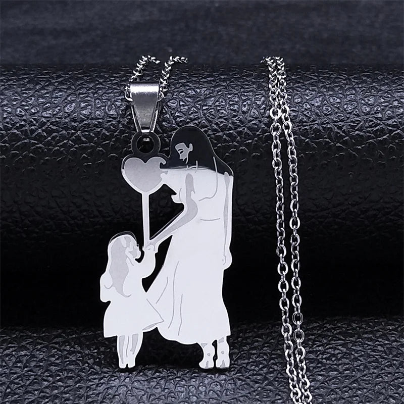 Mother Kids Stainless Steel Silver Color Mom Daughter Love Heart Necklace
