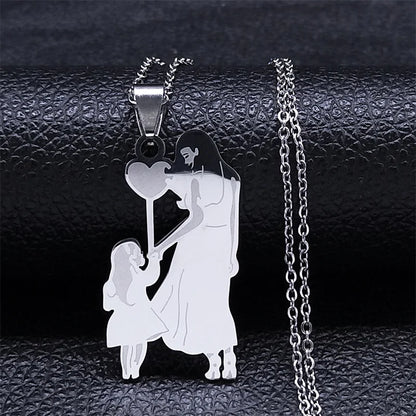 Mother Kids Stainless Steel Silver Color Mom Daughter Love Heart Necklace