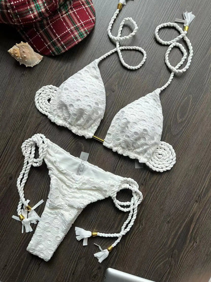 Women's two-piece set w/ push up hanging neck solid color bikini beach swimsuit