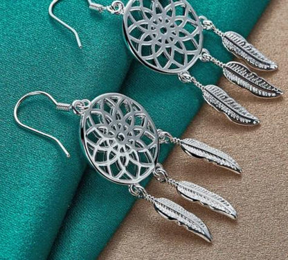 925 Sterling Silver Fine Dream Catcher Feathers Woman Fashion Designer Party Wedding Earrings