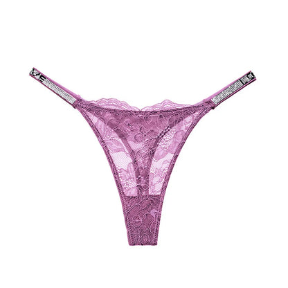 Women Lace Seamless Underwear Rhinestone G-String Thong Low Rise Panties Briefs