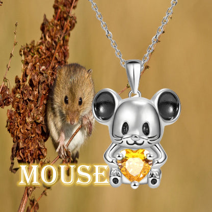 Cute Cartoon Animal Heart-shaped Orange Crystal Mouse Pendant Necklace