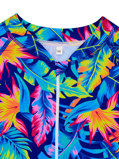 Kids Girls One-Piece Long Sleeve All-over Plants Colorful Leaves Print Boyleg Shorts Swimsuit