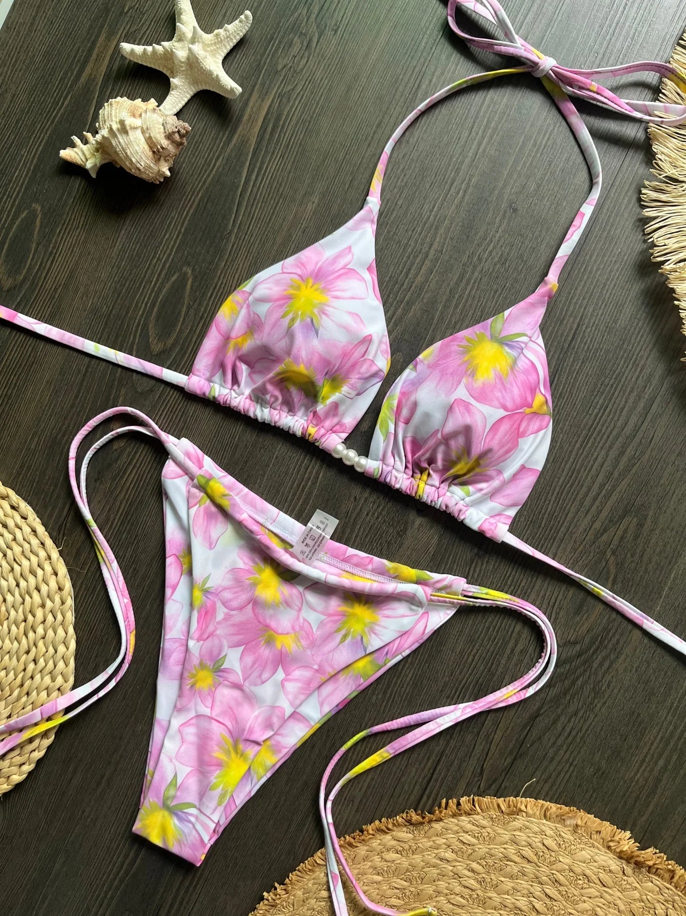 Micro Women Swimsuit Brazilian Bikini Halter Print Push Up Pearl Beachwear Suit