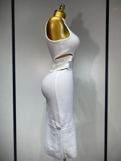 Sexy Turtleneck White Cut Out Midi Bandage Evening Party Prom Birthday Dress