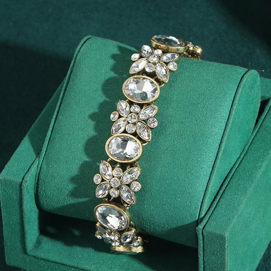 Vintage Butterfly Women White Crystal Antique Gold Color Oval Bracelet