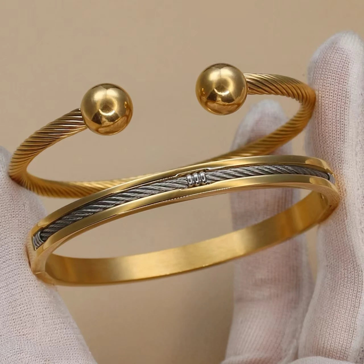 Stainless Steel Ball Open Cuff Bangle Wire Rope Bracelet Wrist Ornament Jewelry Gift