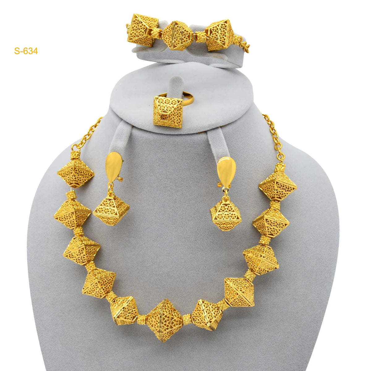 Fashion Indian 24K Gold Color Women African Wedding Dubai Necklace Earrings Bracelet Ring Jewelry Set