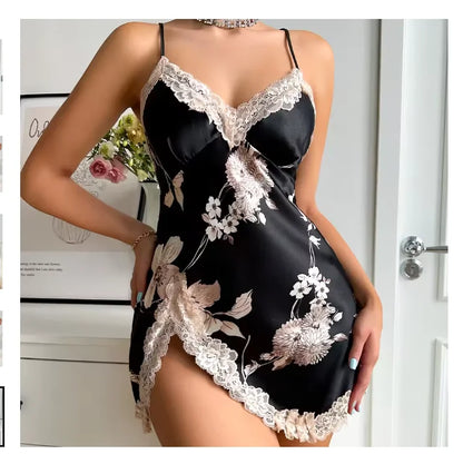 Women Breathable Thin Short Slip Sexy Ice Satin Sleeping Dress Night Pajamas
