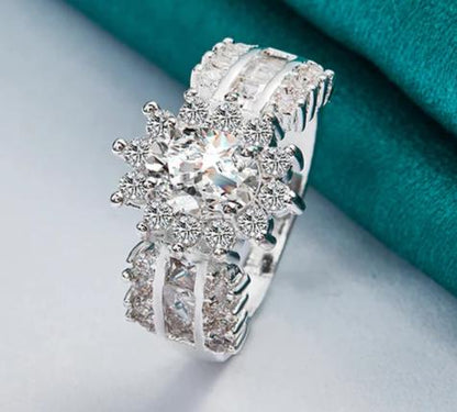 925 Sterling Silver Flower Zircon Women Fashion Wedding Engagement Party Charm Shiny Ring