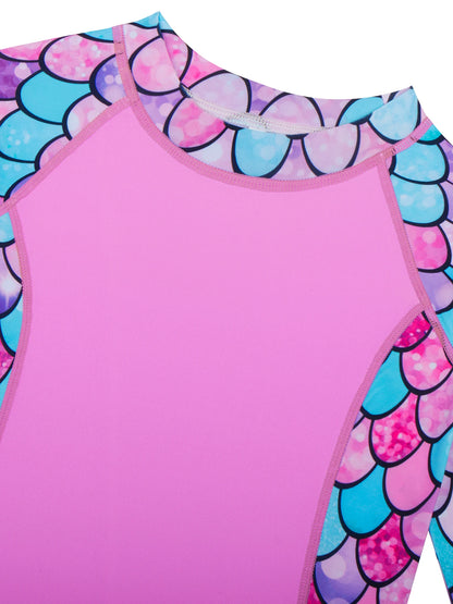 2pcs Kids Girls Long-Sleeved Scale Print Tops Boyleg Swim Shorts Swimwear Suit