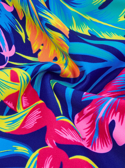 Girls Kids One-Piece Long Sleeve All-over Plant Print Beach Boyleg Shorts Swimming Suit Swimsuit