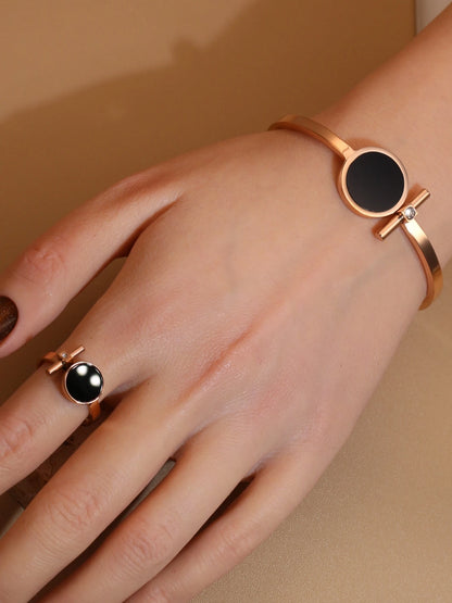 Women 2-In-1Black Acrylic Zirconia Stainless Steel Ring Bangle Bracelet Gifts Set