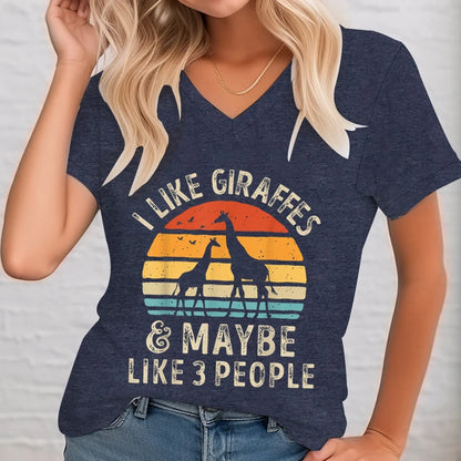 I Like Giraffes and Maybe 3 People Funny Giraffe T-shirt Female V-neck Vintage Giraffe Lover Shirt Retro Animal Lovers T-Shirt