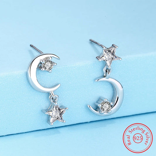 Women Bridal Solid 925 Silver Crystal Zircon Moon Star Drop Earrings