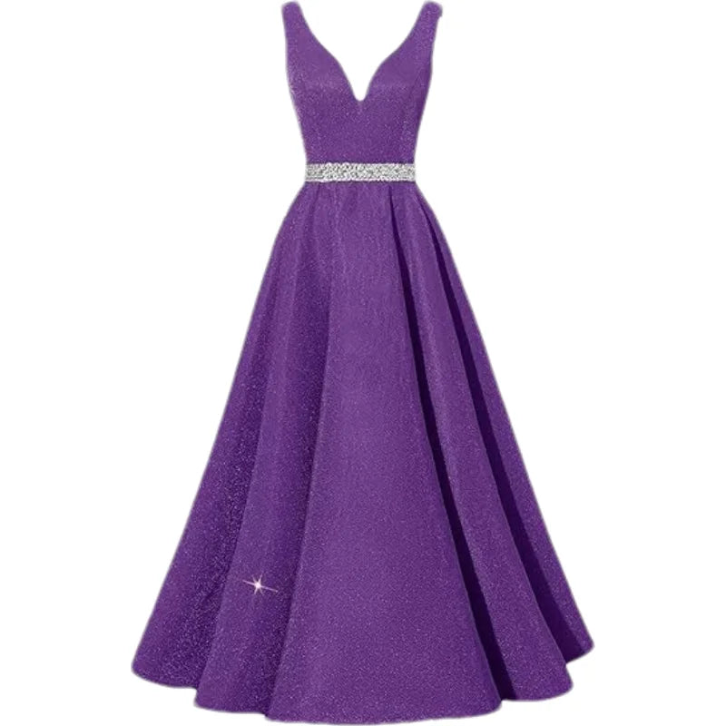 Women Glitter Satin Prom Long Corset V-Neck Beaded Belt Formal Evening Party Dress w/ Pockets
