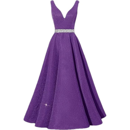 Women Glitter Satin Prom Long Corset V-Neck Beaded Belt Formal Evening Party Dress w/ Pockets