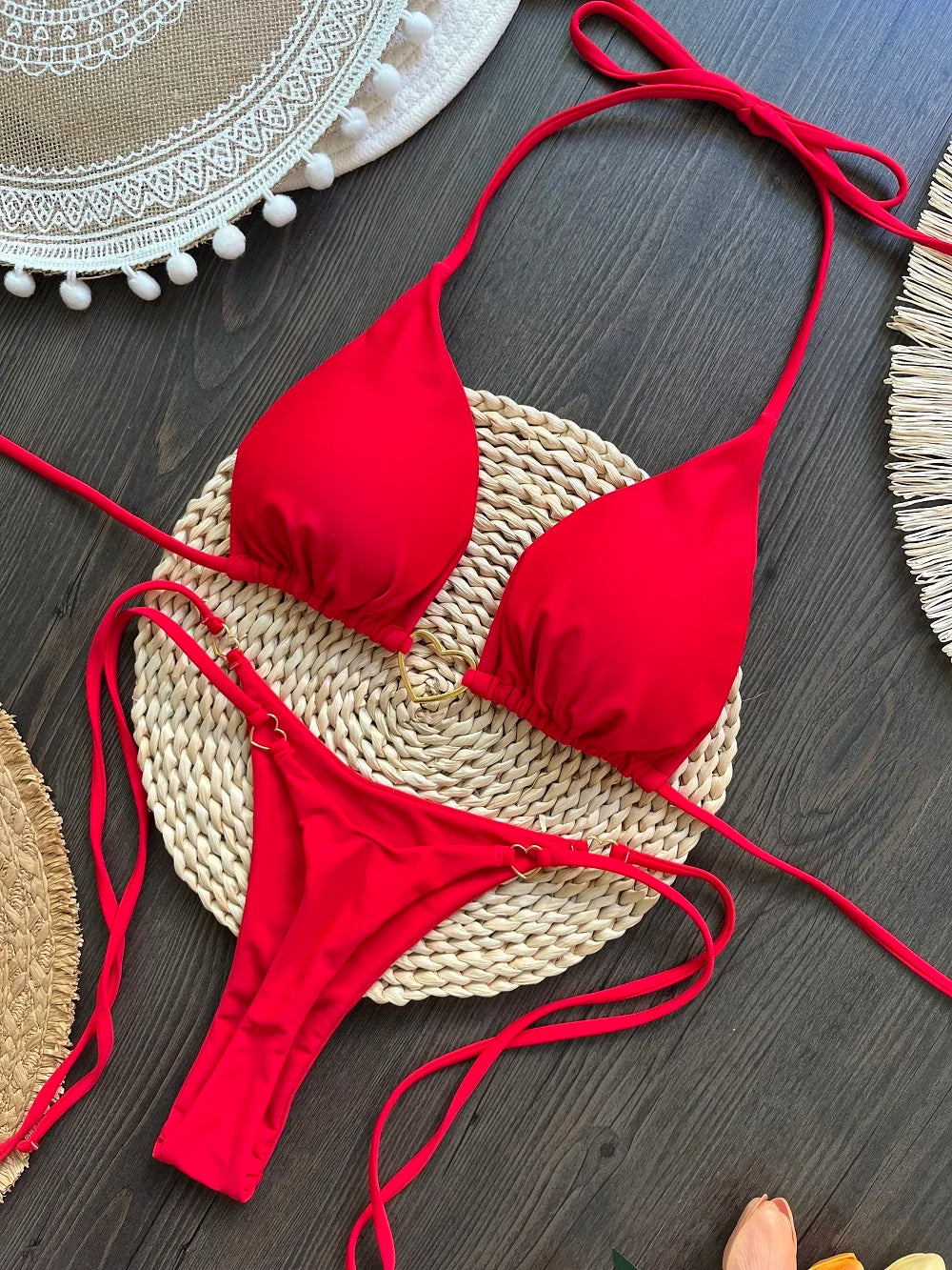 Solid Color Bikini Low Waist Lace-up Fashionable Swimsuit Two-piece Suit