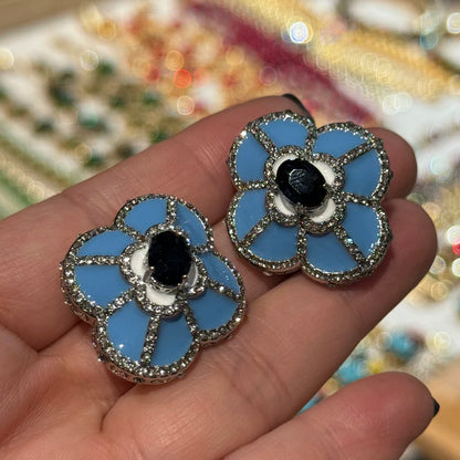 Luxury Designer Large Blue Clover Four Leafs Flower Stud Charms Vintage Earrings