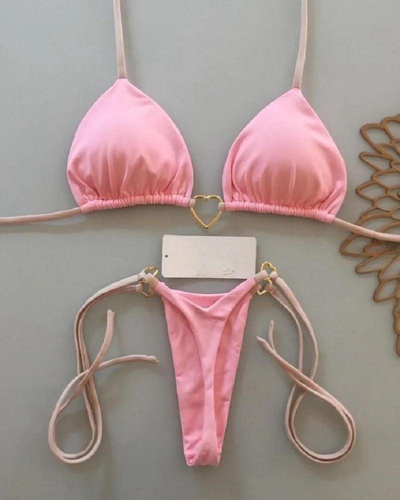 Solid Color Bikini Low Waist Lace-up Fashionable Swimsuit Two-piece Suit