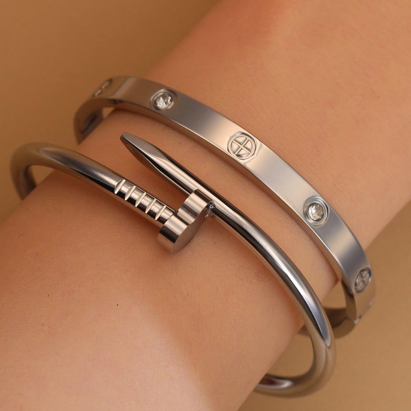 Women Heart Shaped Zircon Stainless Steel Gold Color 2-in-1 Bangles Bracelet Jewelry