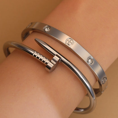 Women Heart Shaped Zircon Stainless Steel Gold Color 2-in-1 Bangles Bracelet Jewelry
