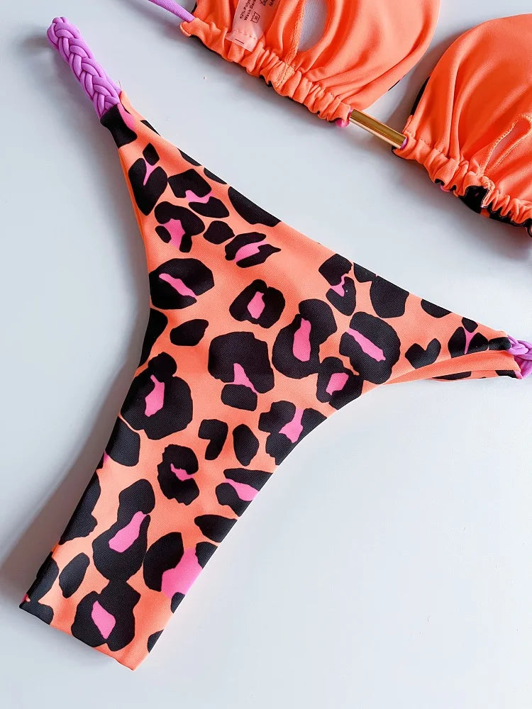 Sexy Women Braided Rope Micro Bikini Swimsuit Leopard Print Brazilian Bathing Suit
