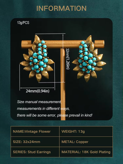 Women Vintage Beaded Sea Blue Natural Stones Tree Leaf Antique Bohemia Stud Earrings
