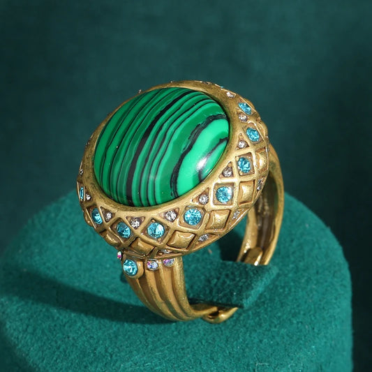 Vintage Round Antique Peacock Blue Green Natural Stone Rhinestones 18k Gold Color Ring