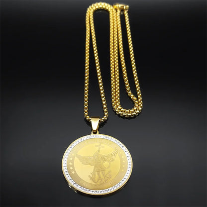 Women Men Stainless Steel Gold Color Knight Saint Michael Archangel Medallion Necklace