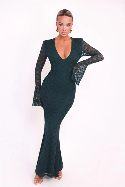 Elegant Lace Long Sleeve Maxi Fashion Deep V Neck Bodycon Party Long Dress