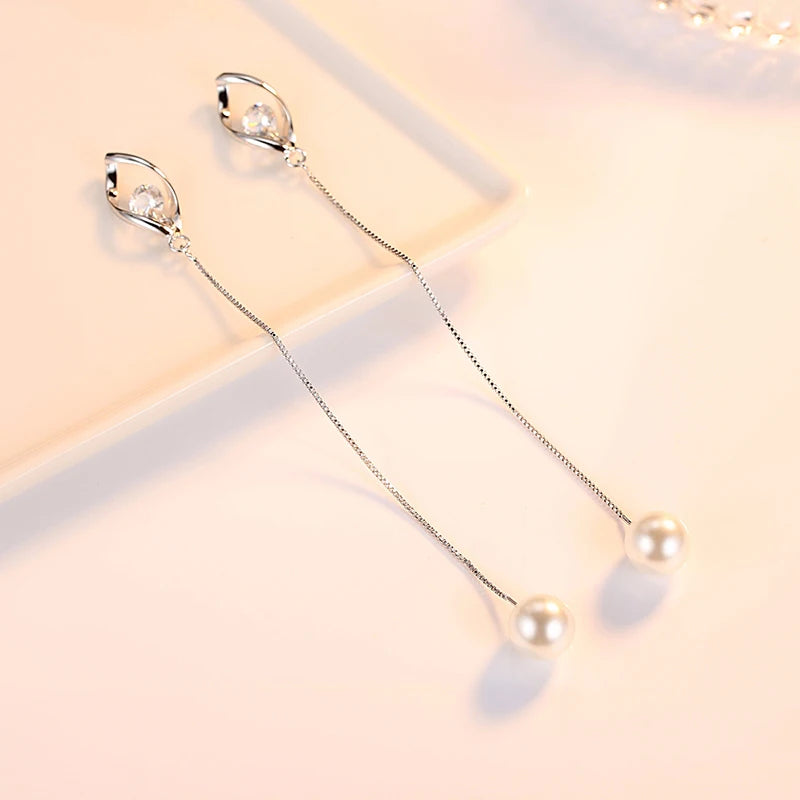 Solid 925 Sterling Silver Crystal Long Chain Hollow Leaf Pearl Drop Earrings