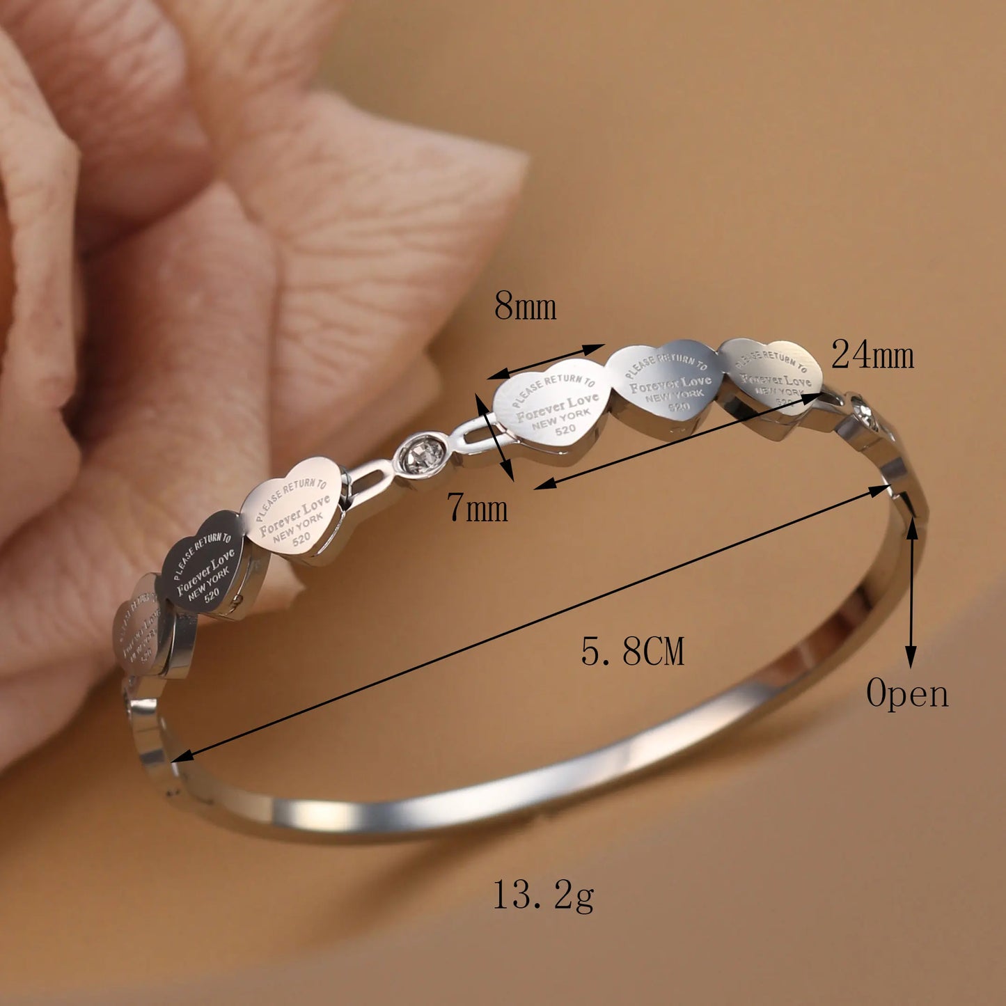 Delicate Stainless Steel Gold Color Peach Heart Crystal Design Charm Bangle Bracelet