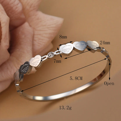 Delicate Stainless Steel Gold Color Peach Heart Crystal Design Charm Bangle Bracelet