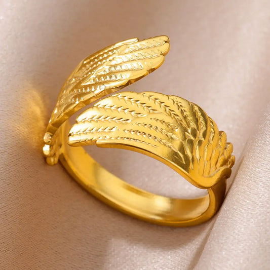 Women Stainless Steel Vintage Fashion Gold Color Embossed Leaf Guardian Wing Rings