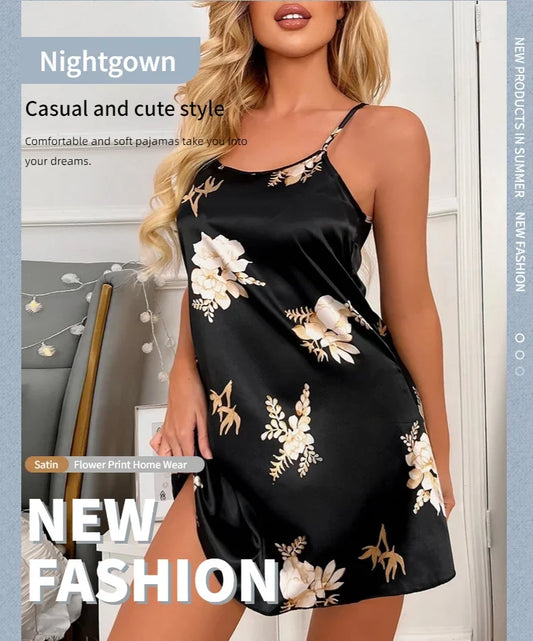 Women Nightwear Black Floral Print Nightdress Sleepwear Gowns