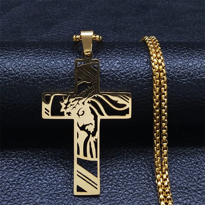 Men Stainless Steel Crucifix Jesus Christ God Cross Crown of Thorns Chain Necklace