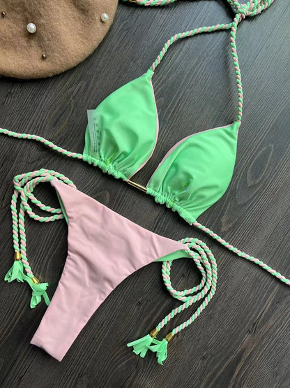 Sexy Beach Women's Swimsuit Braiding Rope Bikini Two-piece Triangle Swimwear Bathing Brazilian Suit