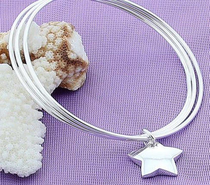 Women 925 Sterling Silver Three Circle Star Wedding Engagement Charm Bangle Bracelet