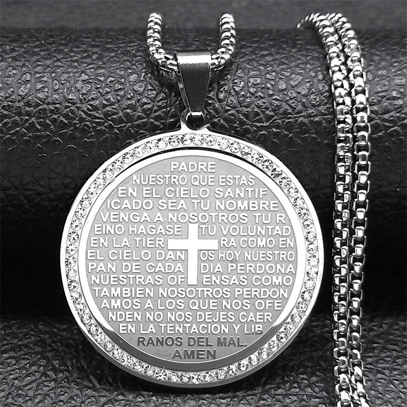 Women Men Stainless Steel Jesus Lord Prayer God Cross Bible Spanish Verse Necklace