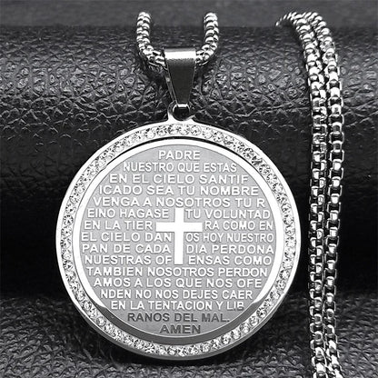 Women Men Stainless Steel Jesus Lord Prayer God Cross Bible Spanish Verse Necklace