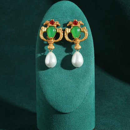Women Green Jade Teardrop Pearl Natural Stone Vintage Dubai Earrings