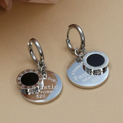 Roman Numeral Medallion Design FOREVER LOVE Stainless Steel Earrings Gift