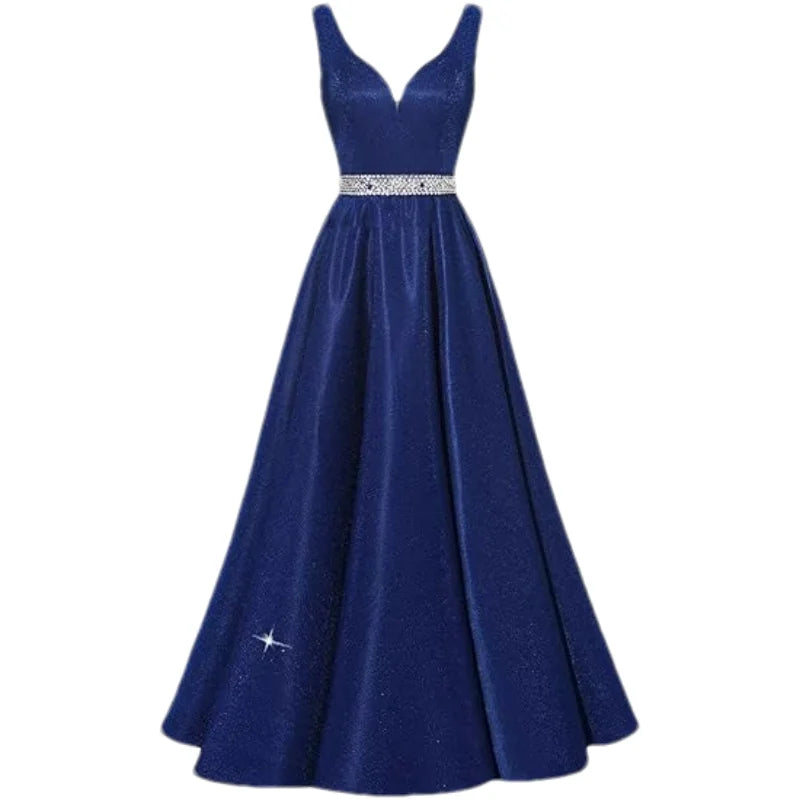 Women Glitter Satin Prom Long Corset V-Neck Beaded Belt Formal Evening Party Dress w/ Pockets