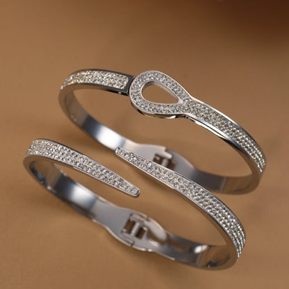 Women Stainless Steel Crystal Hollow Water Drop Open Bracelet Bangle