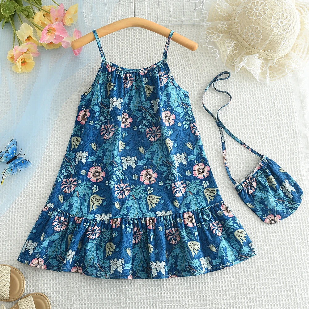 Kids Girls Flower Print Sleeveless Strap Fashion Birthday Beach Holiday Print Dress