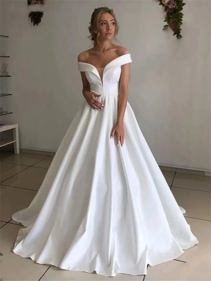 Woman Bride Simple Off The Shoulder Satin Bridal Wedding Party Dress