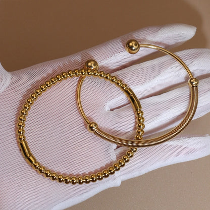 Women 18K Gold-Plated Stainless Steel Bead Open Bracelet Clasp Design Bangles Jewelry