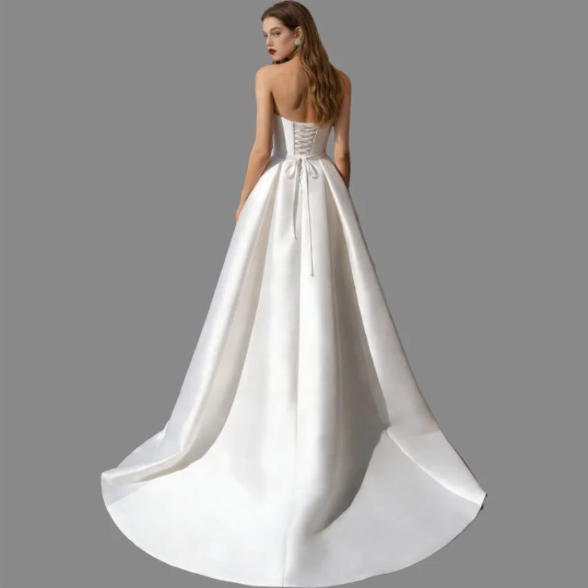 Simple Elegant Sleeveless Sweetheart A-Line Satin Wedding Bridal Gowns Side Split Robe Dress w/ Pockets