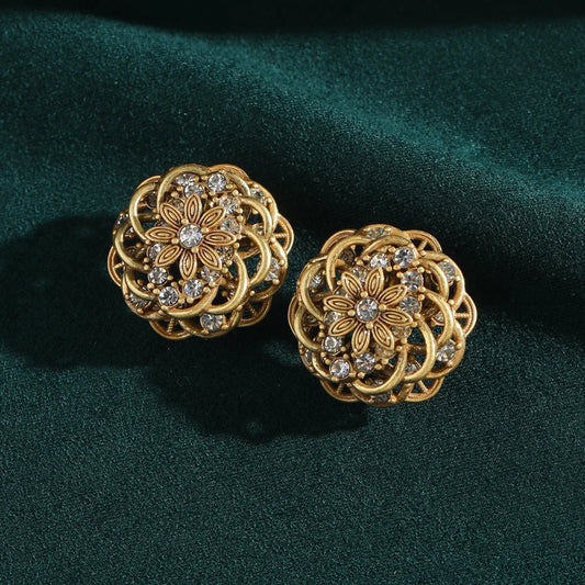 Vintage Antique Hollow Daisy Flower Rhinestones Studs Earrings